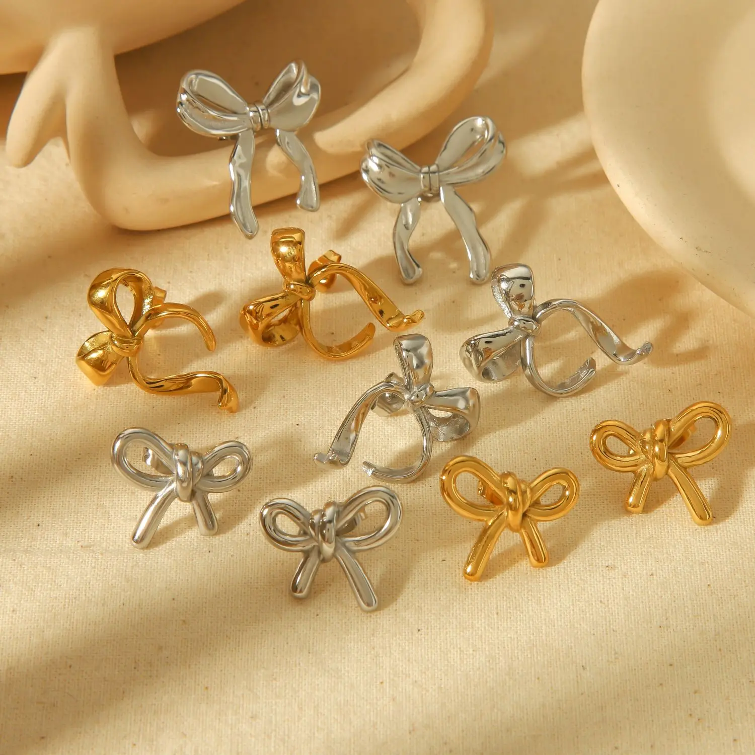 1 Pair Chic Sweet Style Irregular Bow Knot Shape Stainless Steel 18K Gold Plated Women's Stud Earrings h5 